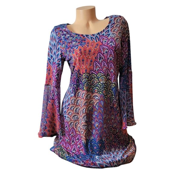 Bohemian Style Bell Sleeve Tunic Dress With Multicolor Peacock Feather Print - Picture 3 of 16